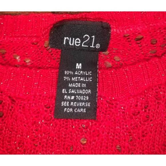 Rue21 Red Y2K Open Knit Batwing Sweater Top Women’s Medium Metallic Dolman - Picture 2 of 5